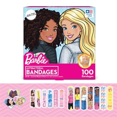 Barbie Antibakterielle Kinderpflaster, 3 verschiedene Größen, 100 Stück | Haften wie Aufkleber, flexible Klebepflaster für kleine Schnitte, Schrammen und Verbrennungen