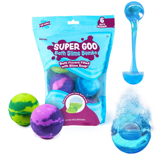 Tub Works Super Goo Badeschleim "Überraschungs" Bomben, 6er Pack | Kinder Badebomben mit Überraschung innen | Ungiftig | Dehnbarer, quetschiger Schleimseife | Sensorischer Spaß für Kinder