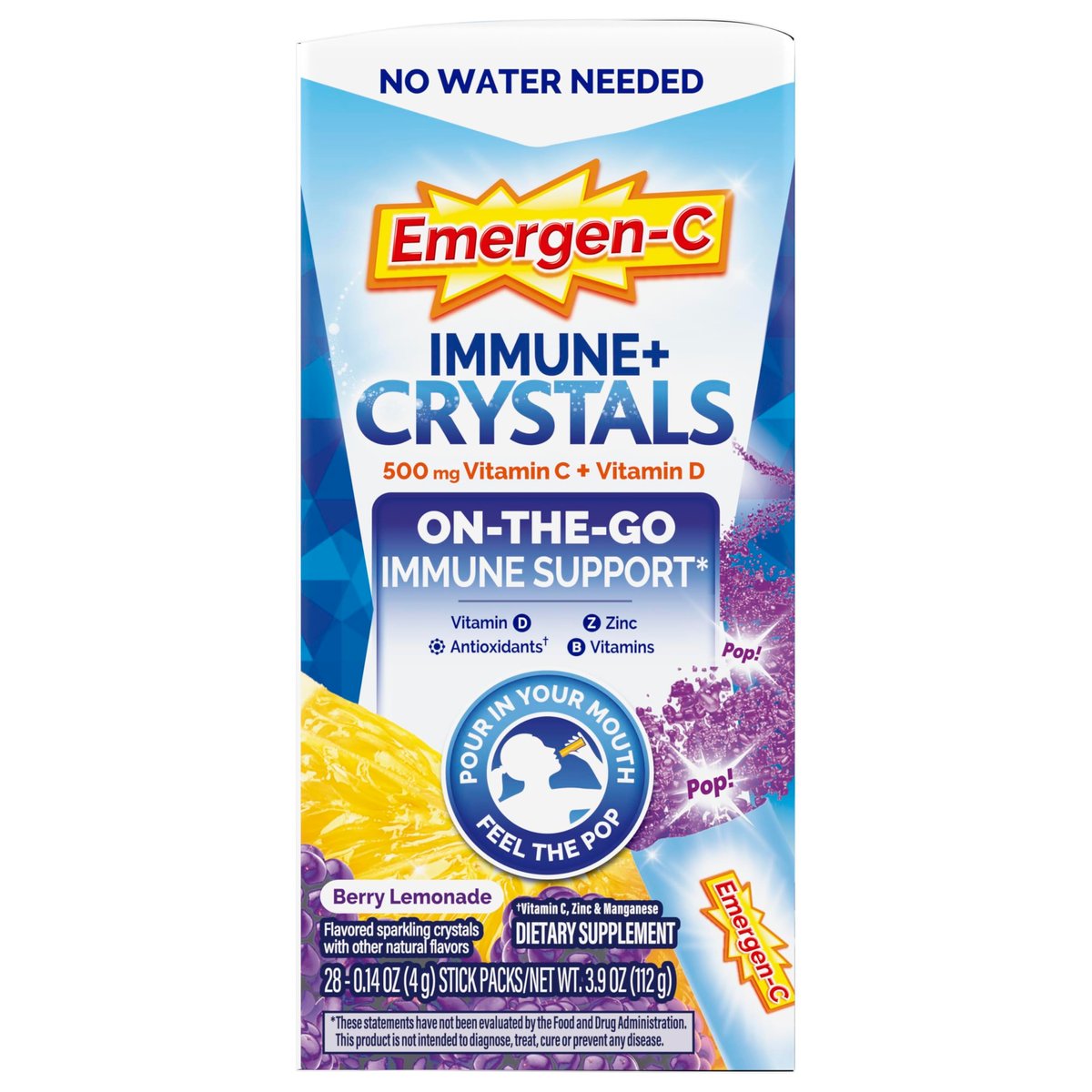 Emergen-C Immune Plus Kristalle – Immununterstützung für unterwegs mit Vitamin C, Vitamin D, B-Vitaminen, Zink und Mangan, Beeren-Zitronen-Geschmack – 28 Stick-Packs