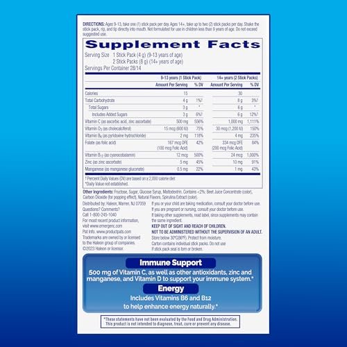 Emergen-C Immune Plus Kristalle – Immununterstützung für unterwegs mit Vitamin C, Vitamin D, B-Vitaminen, Zink und Mangan, Beeren-Zitronen-Geschmack – 28 Stick-Packs