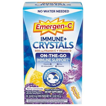 Emergen-C Immune Plus Kristalle – Immununterstützung für unterwegs mit Vitamin C, Vitamin D, B-Vitaminen, Zink und Mangan, Beeren-Zitronen-Geschmack – 28 Stick-Packs