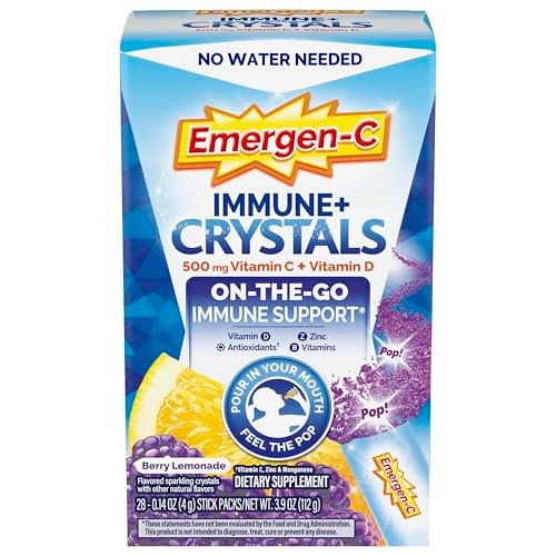 Emergen-C Immune Plus Kristalle – Immununterstützung für unterwegs mit Vitamin C, Vitamin D, B-Vitaminen, Zink und Mangan, Beeren-Zitronen-Geschmack – 28 Stick-Packs