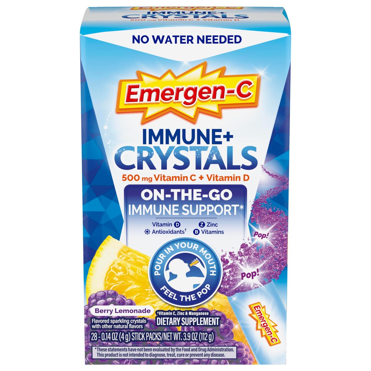 Emergen-C Immune Plus Kristalle – Immununterstützung für unterwegs mit Vitamin C, Vitamin D, B-Vitaminen, Zink und Mangan, Beeren-Zitronen-Geschmack – 28 Stick-Packs