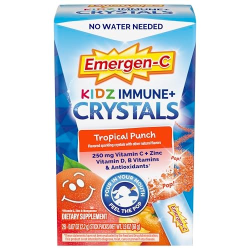 Emergen-C Kidz Immun Plus Kristalle – Immunsystem-Unterstützung für unterwegs mit Vitamin C, Vitamin D, B-Vitaminen, Zink und Mangan, Tropical Punch – 28 Stick-Packs
