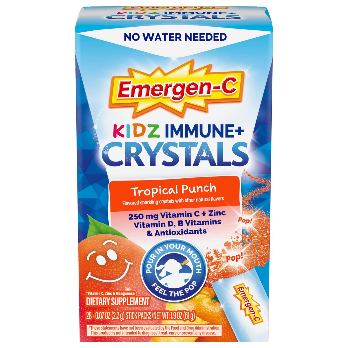 Emergen-C Kidz Immun Plus Kristalle – Immunsystem-Unterstützung für unterwegs mit Vitamin C, Vitamin D, B-Vitaminen, Zink und Mangan, Tropical Punch – 28 Stick-Packs