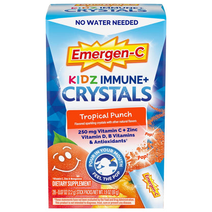 Emergen-C Kidz Immun Plus Kristalle – Immunsystem-Unterstützung für unterwegs mit Vitamin C, Vitamin D, B-Vitaminen, Zink und Mangan, Tropical Punch – 28 Stick-Packs