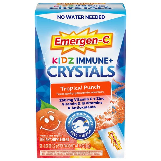 Emergen-C Kidz Immun Plus Kristalle – Immunsystem-Unterstützung für unterwegs mit Vitamin C, Vitamin D, B-Vitaminen, Zink und Mangan, Tropical Punch – 28 Stick-Packs