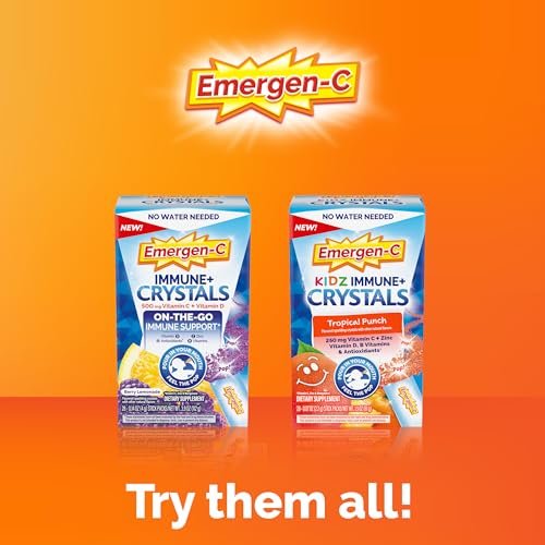 Emergen-C Kidz Immun Plus Kristalle – Immunsystem-Unterstützung für unterwegs mit Vitamin C, Vitamin D, B-Vitaminen, Zink und Mangan, Tropical Punch – 28 Stick-Packs