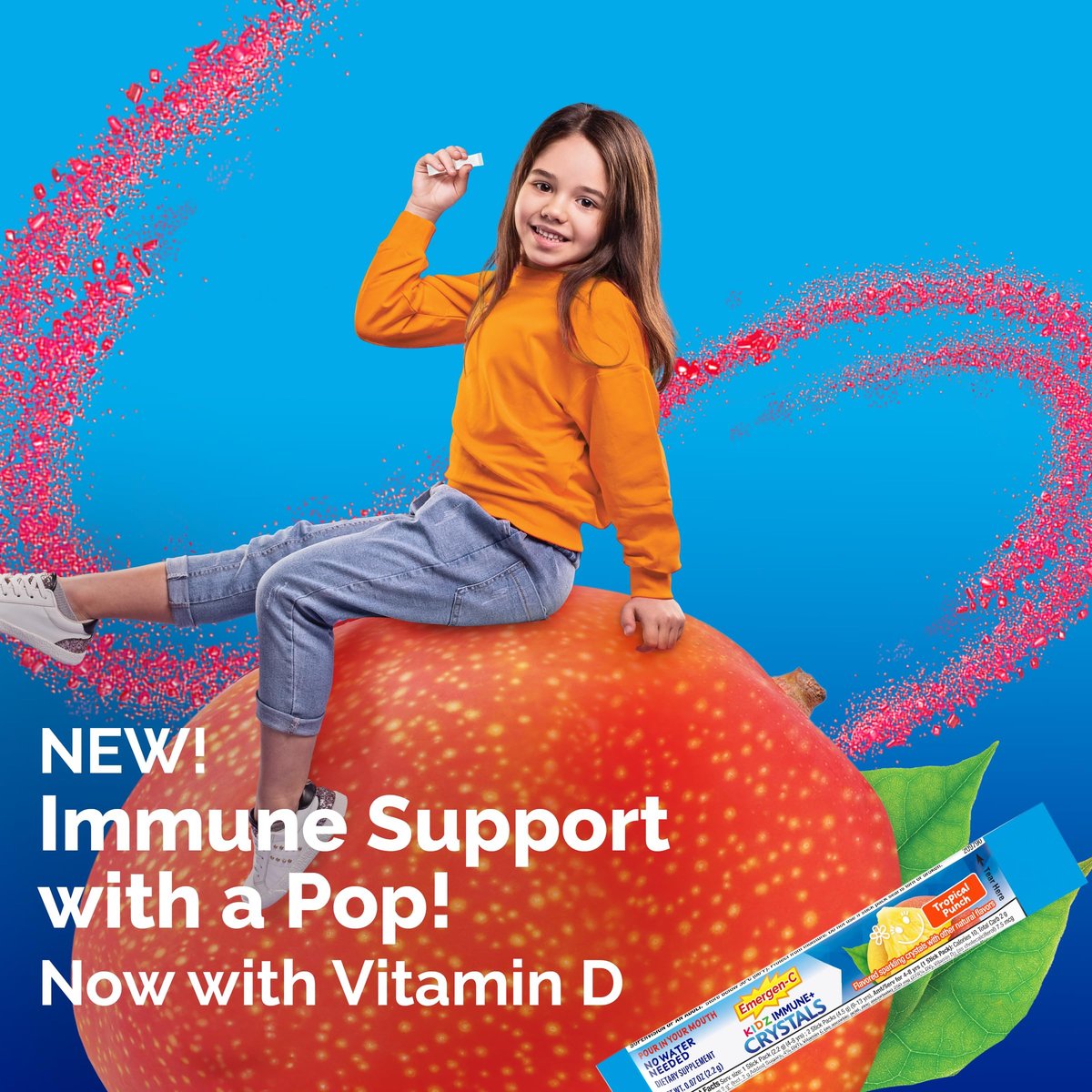 Emergen-C Kidz Immun Plus Kristalle – Immunsystem-Unterstützung für unterwegs mit Vitamin C, Vitamin D, B-Vitaminen, Zink und Mangan, Tropical Punch – 28 Stick-Packs