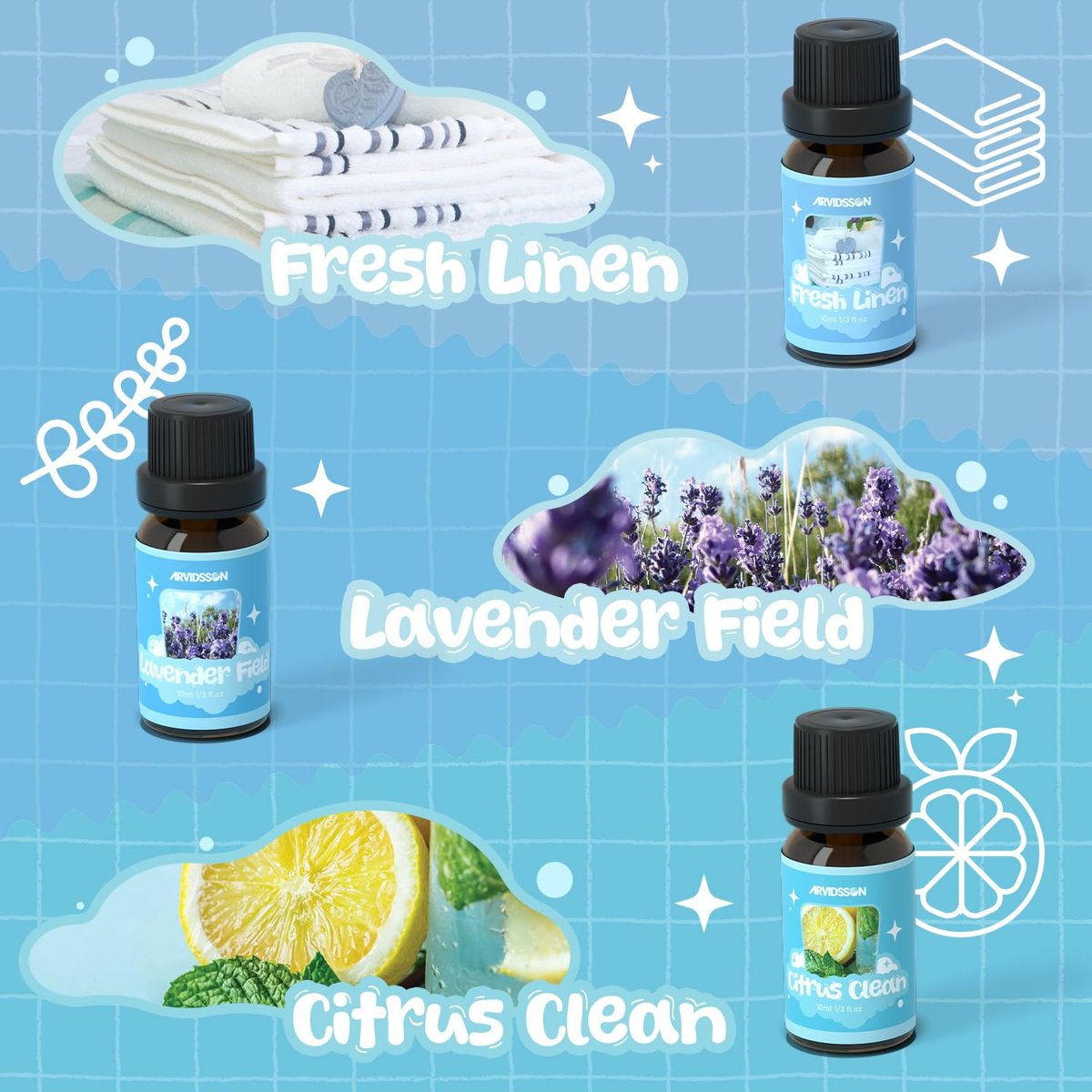ARVIDSSON Wäschekollektion Bio-Öl-Set, natürliche ätherische Öle für Diffuser, geeignet für Wolltrocknerbälle – Frische Wäsche, Citrus Clean, Wäschetag, Kamillenglück, Lavendelfeld, Minzig
