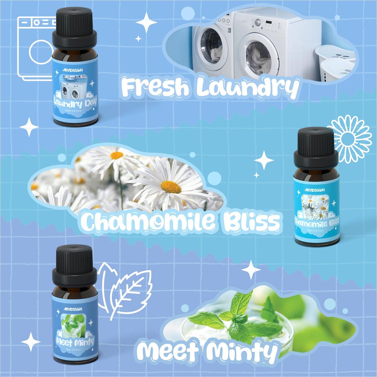 ARVIDSSON Wäschekollektion Bio-Öl-Set, natürliche ätherische Öle für Diffuser, geeignet für Wolltrocknerbälle – Frische Wäsche, Citrus Clean, Wäschetag, Kamillenglück, Lavendelfeld, Minzig