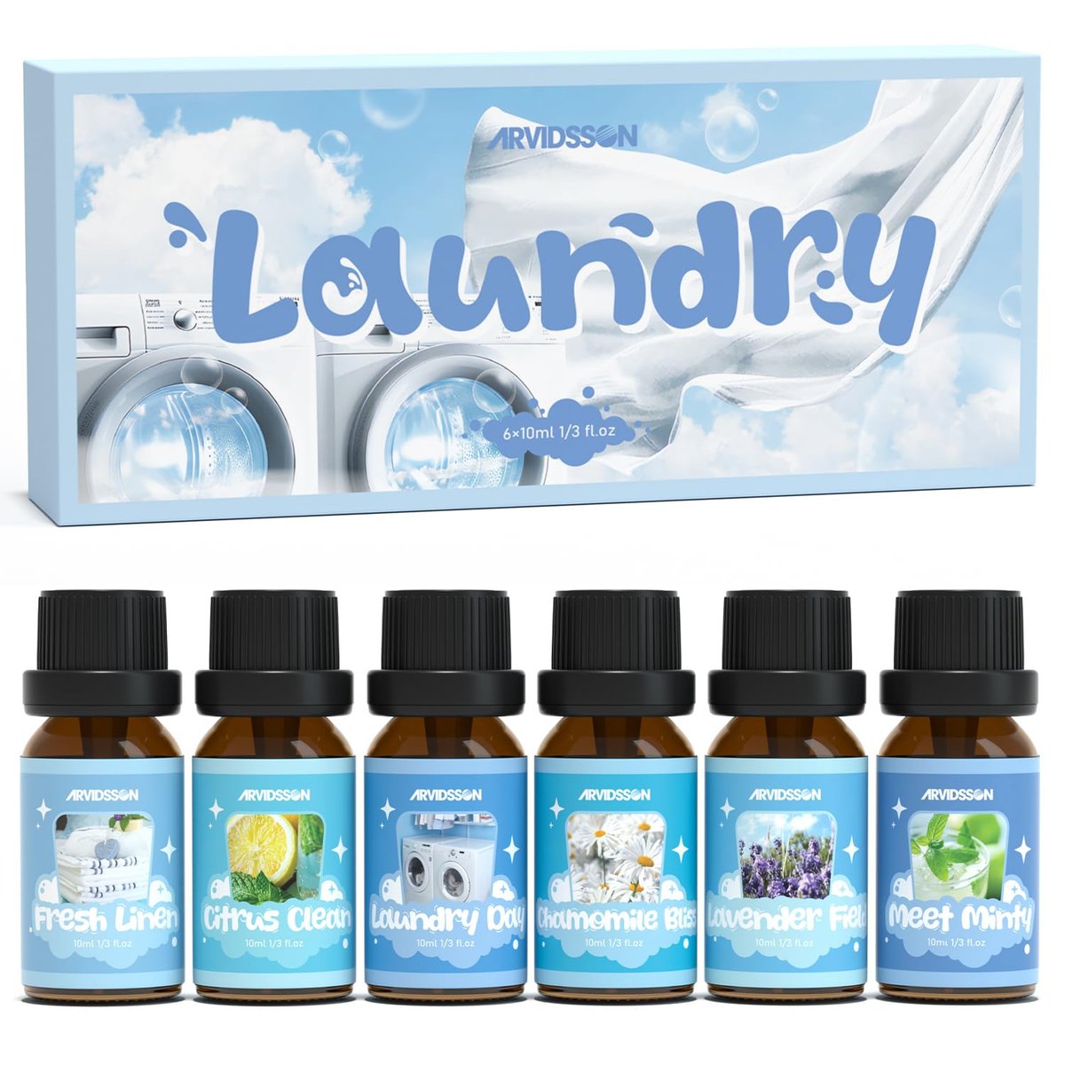 ARVIDSSON Wäschekollektion Bio-Öl-Set, natürliche ätherische Öle für Diffuser, geeignet für Wolltrocknerbälle – Frische Wäsche, Citrus Clean, Wäschetag, Kamillenglück, Lavendelfeld, Minzig