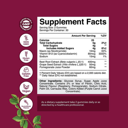 Flow Boosting Beet Root Gummies – Belebende Rote-Bete-Gummis für Erwachsene mit Stickoxid, Energie- und Herzunterstützung, Traubenkern, Granatapfel & Vitamin B12 – Vegan, Nicht-GVO & Glutenfrei – 60 Stück