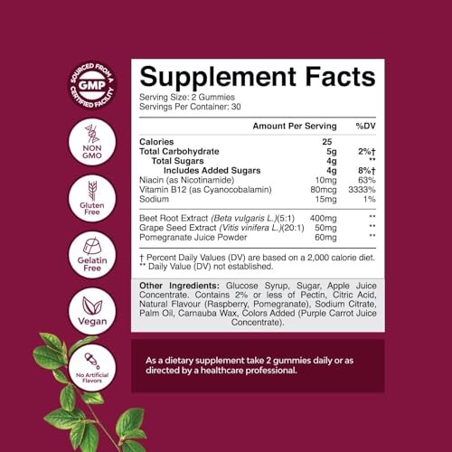Flow Boosting Beet Root Gummies – Belebende Rote-Bete-Gummis für Erwachsene mit Stickoxid, Energie- und Herzunterstützung, Traubenkern, Granatapfel & Vitamin B12 – Vegan, Nicht-GVO & Glutenfrei – 60 Stück