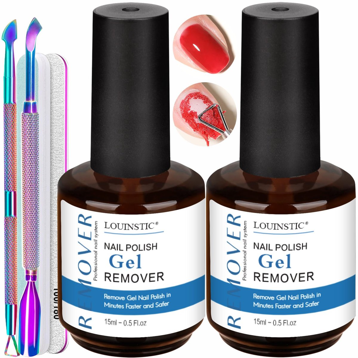 Gel-Nagellackentferner 2er-Pack mit Nagelhautschieber, Schaber und 2 Feilen – Schnell zu Hause entfernen, ohne Einwickeln und Einweichen