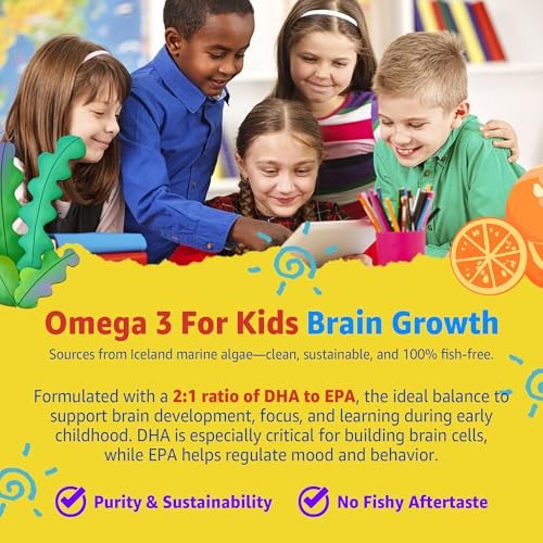 Nextdia Kinder Multivitamin Gummis mit Eisen, Zuckerfrei, Tägliche Vitamine + Probiotika, Algen Omega 3 (EPA/DHA), A, C, D, Methyl B12, Folsäure, B6, Zink, Biotin, für gesundes Wachstum, Immununterstützung, 60 Stück