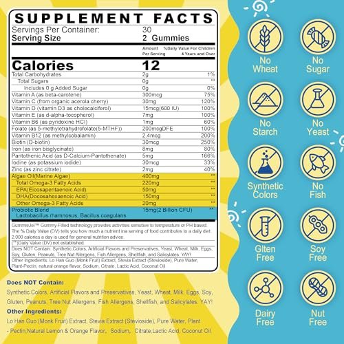 Nextdia Kinder Multivitamin Gummis mit Eisen, Zuckerfrei, Tägliche Vitamine + Probiotika, Algen Omega 3 (EPA/DHA), A, C, D, Methyl B12, Folsäure, B6, Zink, Biotin, für gesundes Wachstum, Immununterstützung, 60 Stück