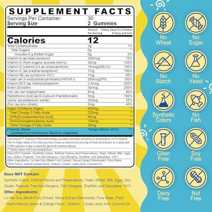 Nextdia Kinder Multivitamin Gummis mit Eisen, Zuckerfrei, Tägliche Vitamine + Probiotika, Algen Omega 3 (EPA/DHA), A, C, D, Methyl B12, Folsäure, B6, Zink, Biotin, für gesundes Wachstum, Immununterstützung, 60 Stück