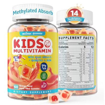 Nextdia Kinder Multivitamin Gummis mit Eisen, Zuckerfrei, Tägliche Vitamine + Probiotika, Algen Omega 3 (EPA/DHA), A, C, D, Methyl B12, Folsäure, B6, Zink, Biotin, für gesundes Wachstum, Immununterstützung, 60 Stück