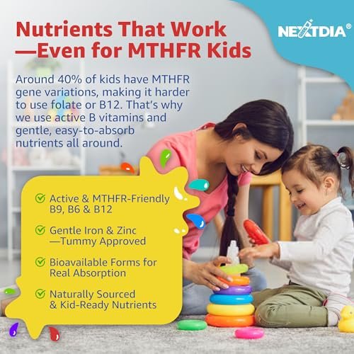 Nextdia Kinder Multivitamin Gummis mit Eisen, Zuckerfrei, Tägliche Vitamine + Probiotika, Algen Omega 3 (EPA/DHA), A, C, D, Methyl B12, Folsäure, B6, Zink, Biotin, für gesundes Wachstum, Immununterstützung, 60 Stück