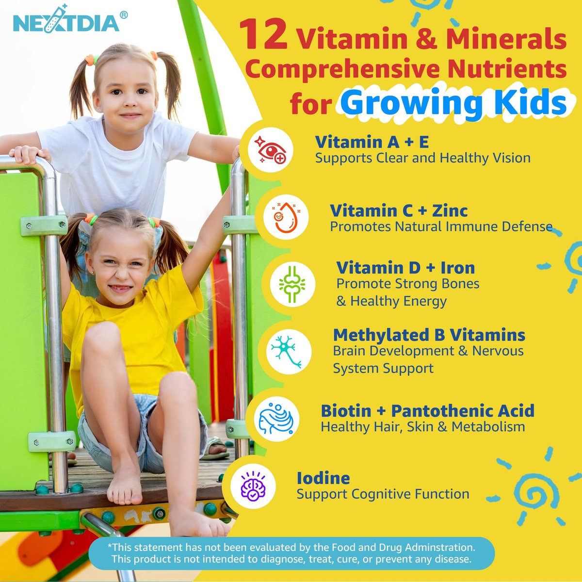 Nextdia Kinder Multivitamin Gummis mit Eisen, Zuckerfrei, Tägliche Vitamine + Probiotika, Algen Omega 3 (EPA/DHA), A, C, D, Methyl B12, Folsäure, B6, Zink, Biotin, für gesundes Wachstum, Immununterstützung, 60 Stück