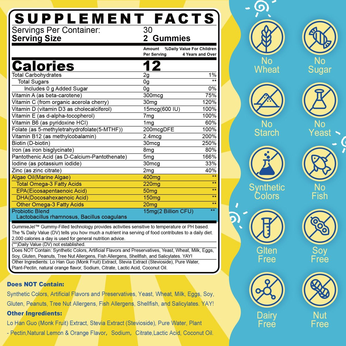 Nextdia Kinder Multivitamin Gummis mit Eisen, Zuckerfrei, Tägliche Vitamine + Probiotika, Algen Omega 3 (EPA/DHA), A, C, D, Methyl B12, Folsäure, B6, Zink, Biotin, für gesundes Wachstum, Immununterstützung, 60 Stück