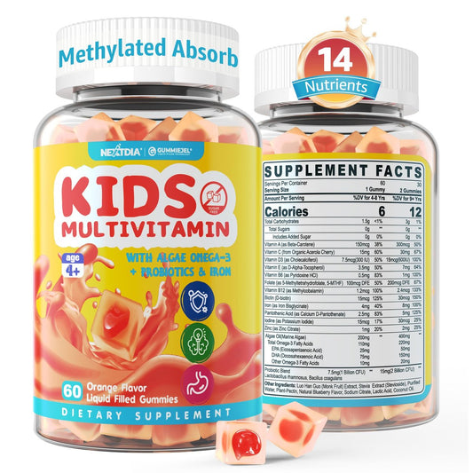 Nextdia Kinder Multivitamin Gummis mit Eisen, Zuckerfrei, Tägliche Vitamine + Probiotika, Algen Omega 3 (EPA/DHA), A, C, D, Methyl B12, Folsäure, B6, Zink, Biotin, für gesundes Wachstum, Immununterstützung, 60 Stück
