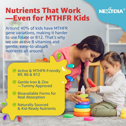 Nextdia Kinder Multivitamin Gummis mit Eisen, Zuckerfrei, Tägliche Vitamine + Probiotika, Algen Omega 3 (EPA/DHA), A, C, D, Methyl B12, Folsäure, B6, Zink, Biotin, für gesundes Wachstum, Immununterstützung, 60 Stück