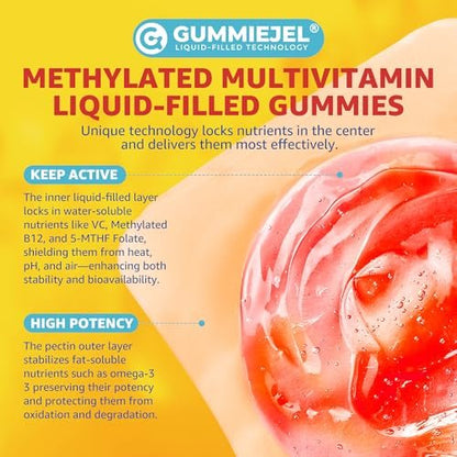 Nextdia Kinder Multivitamin Gummis mit Eisen, Zuckerfrei, Tägliche Vitamine + Probiotika, Algen Omega 3 (EPA/DHA), A, C, D, Methyl B12, Folsäure, B6, Zink, Biotin, für gesundes Wachstum, Immununterstützung, 60 Stück