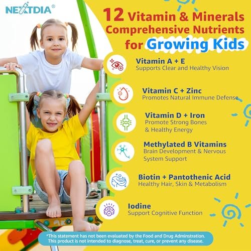 Nextdia Kinder Multivitamin Gummis mit Eisen, Zuckerfrei, Tägliche Vitamine + Probiotika, Algen Omega 3 (EPA/DHA), A, C, D, Methyl B12, Folsäure, B6, Zink, Biotin, für gesundes Wachstum, Immununterstützung, 60 Stück