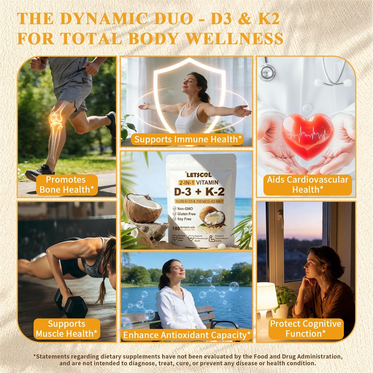 LETSCOL 2-in-1 Vitamin D3 K2 Supplement Weichkapseln, Vitamin D3 10000 IE und Vitamin K2 200 mcg, K2 MK7 mit D3 Vitamin zur Unterstützung von Immunsystem, Herz, Gelenken, Zähnen und Knochengesundheit - 180 Kapseln