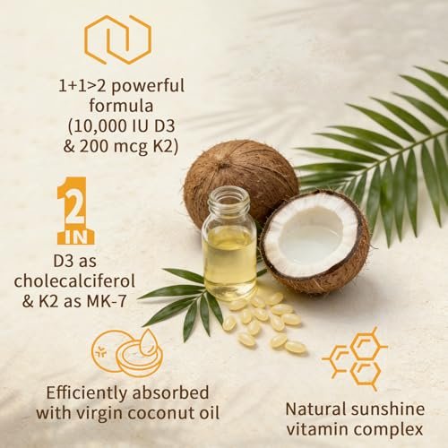 LETSCOL 2-in-1 Vitamin D3 K2 Supplement Weichkapseln, Vitamin D3 10000 IE und Vitamin K2 200 mcg, K2 MK7 mit D3 Vitamin zur Unterstützung von Immunsystem, Herz, Gelenken, Zähnen und Knochengesundheit - 180 Kapseln