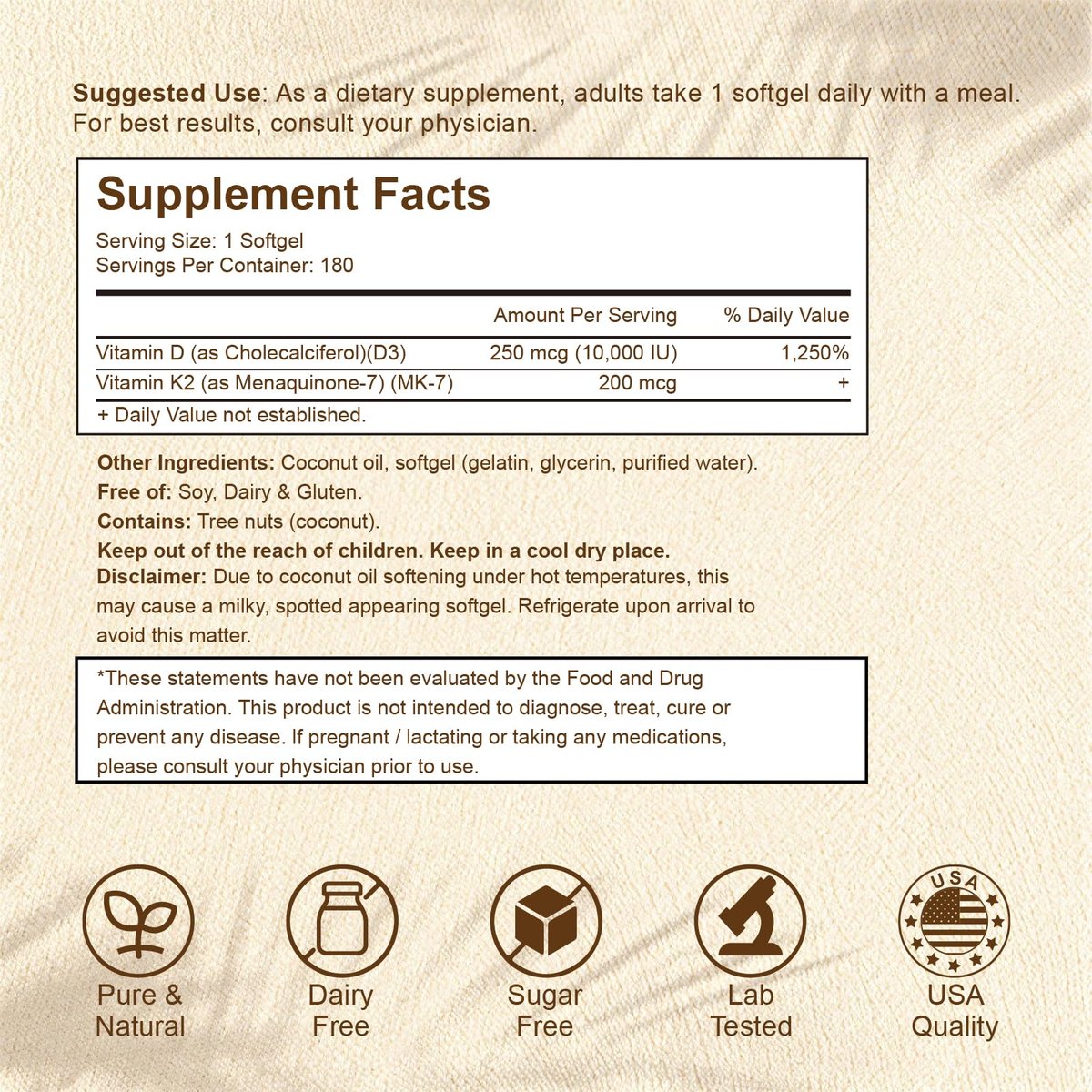 LETSCOL 2-in-1 Vitamin D3 K2 Supplement Weichkapseln, Vitamin D3 10000 IE und Vitamin K2 200 mcg, K2 MK7 mit D3 Vitamin zur Unterstützung von Immunsystem, Herz, Gelenken, Zähnen und Knochengesundheit - 180 Kapseln