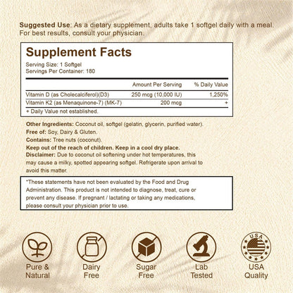 LETSCOL 2-in-1 Vitamin D3 K2 Supplement Weichkapseln, Vitamin D3 10000 IE und Vitamin K2 200 mcg, K2 MK7 mit D3 Vitamin zur Unterstützung von Immunsystem, Herz, Gelenken, Zähnen und Knochengesundheit - 180 Kapseln