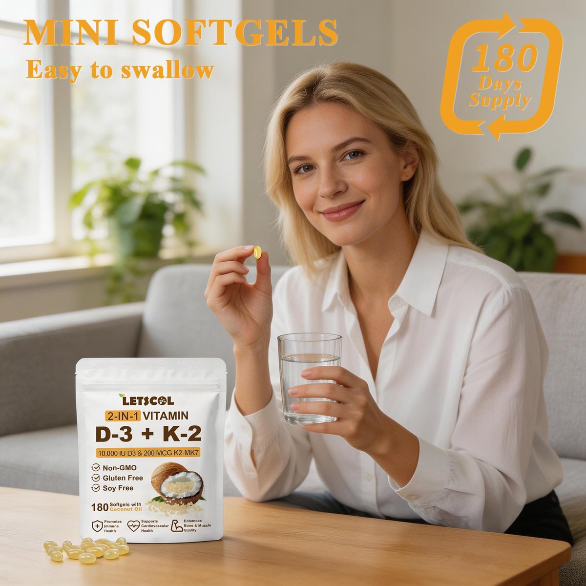 LETSCOL 2-in-1 Vitamin D3 K2 Supplement Weichkapseln, Vitamin D3 10000 IE und Vitamin K2 200 mcg, K2 MK7 mit D3 Vitamin zur Unterstützung von Immunsystem, Herz, Gelenken, Zähnen und Knochengesundheit - 180 Kapseln