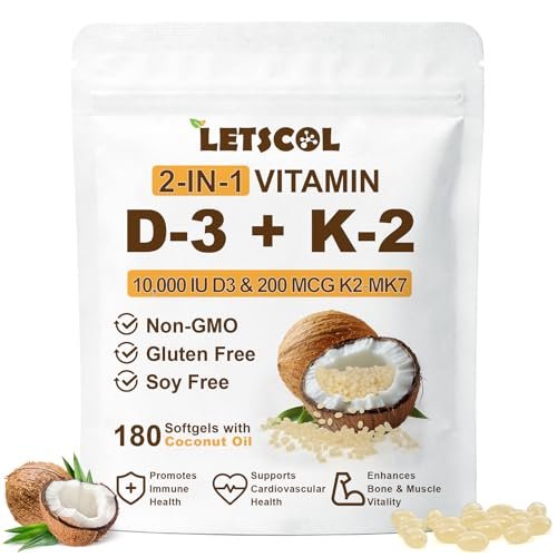 LETSCOL 2-in-1 Vitamin D3 K2 Supplement Weichkapseln, Vitamin D3 10000 IE und Vitamin K2 200 mcg, K2 MK7 mit D3 Vitamin zur Unterstützung von Immunsystem, Herz, Gelenken, Zähnen und Knochengesundheit - 180 Kapseln