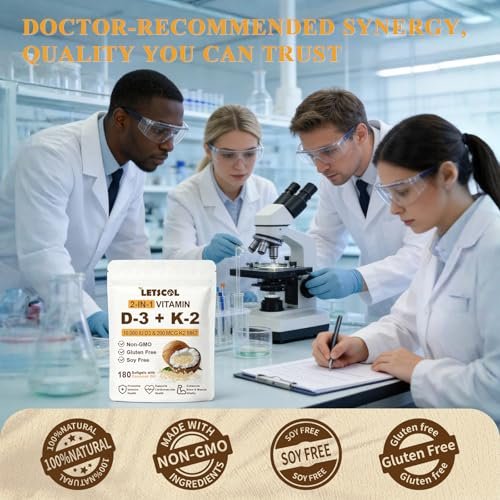 LETSCOL 2-in-1 Vitamin D3 K2 Supplement Weichkapseln, Vitamin D3 10000 IE und Vitamin K2 200 mcg, K2 MK7 mit D3 Vitamin zur Unterstützung von Immunsystem, Herz, Gelenken, Zähnen und Knochengesundheit - 180 Kapseln