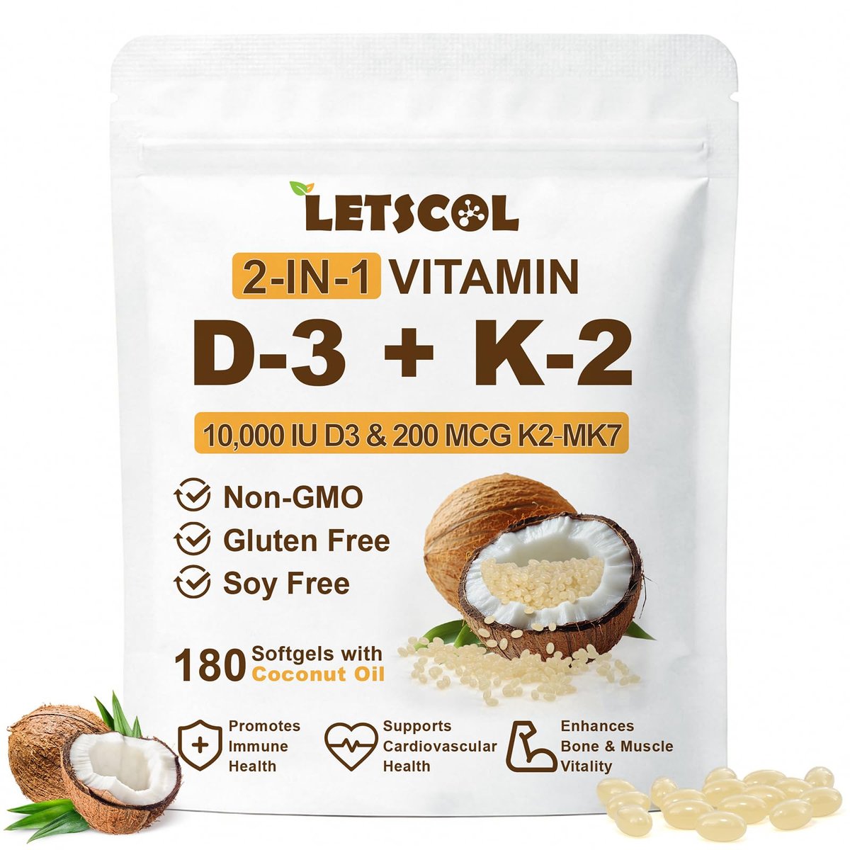 LETSCOL 2-in-1 Vitamin D3 K2 Supplement Weichkapseln, Vitamin D3 10000 IE und Vitamin K2 200 mcg, K2 MK7 mit D3 Vitamin zur Unterstützung von Immunsystem, Herz, Gelenken, Zähnen und Knochengesundheit - 180 Kapseln