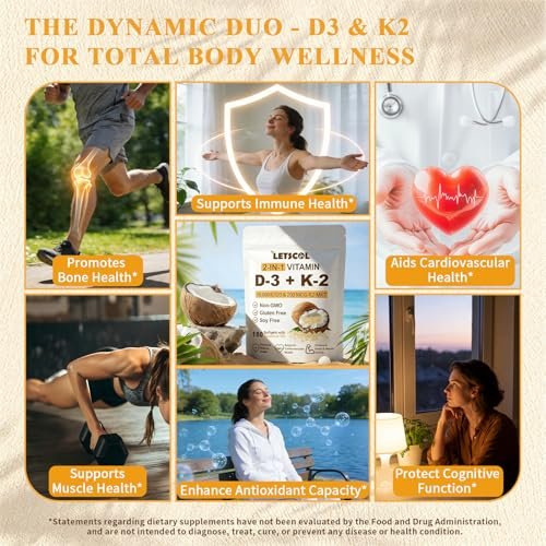LETSCOL 2-in-1 Vitamin D3 K2 Supplement Weichkapseln, Vitamin D3 10000 IE und Vitamin K2 200 mcg, K2 MK7 mit D3 Vitamin zur Unterstützung von Immunsystem, Herz, Gelenken, Zähnen und Knochengesundheit - 180 Kapseln