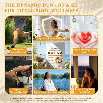 LETSCOL 2-in-1 Vitamin D3 K2 Supplement Weichkapseln, Vitamin D3 10000 IE und Vitamin K2 200 mcg, K2 MK7 mit D3 Vitamin zur Unterstützung von Immunsystem, Herz, Gelenken, Zähnen und Knochengesundheit - 180 Kapseln