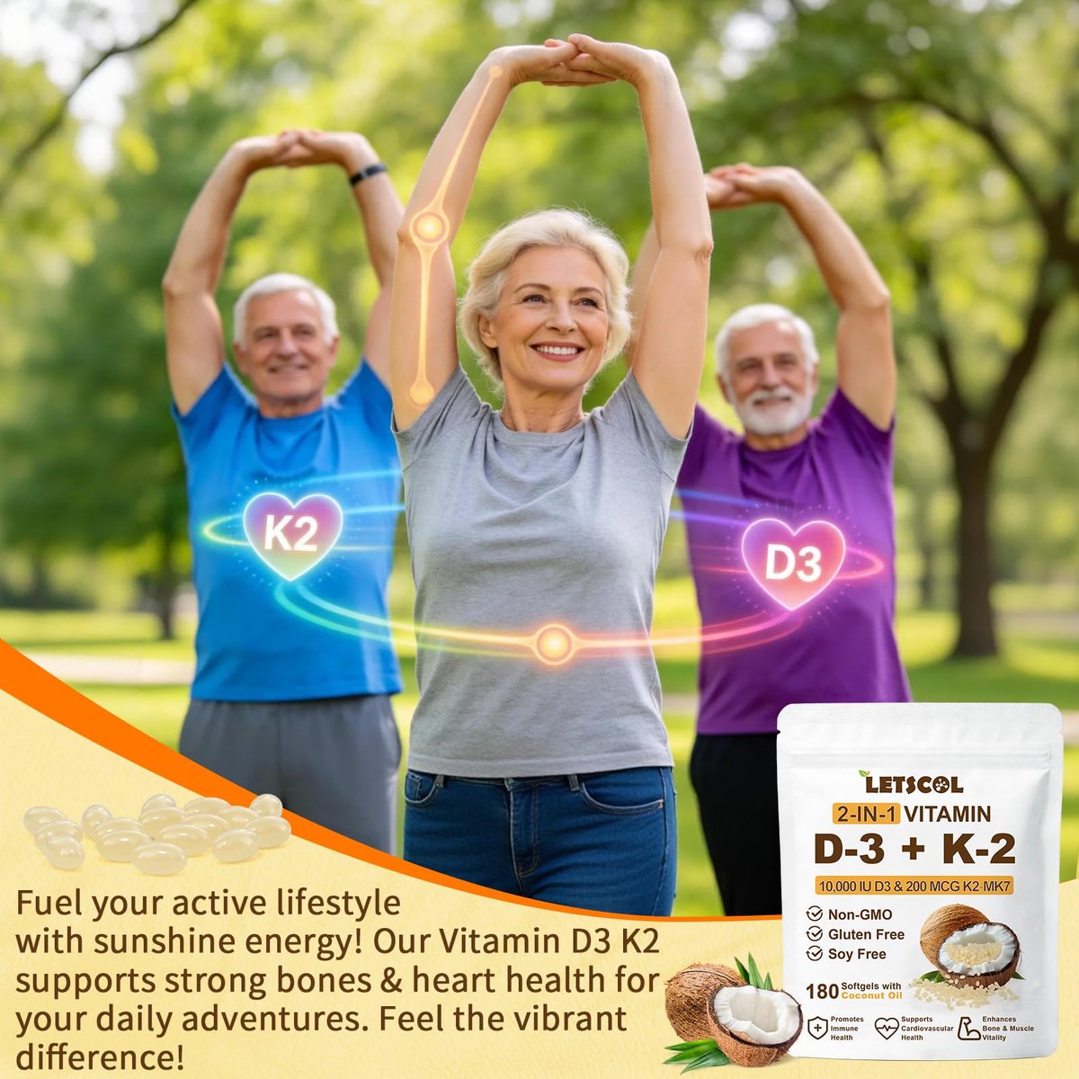 LETSCOL 2-in-1 Vitamin D3 K2 Supplement Weichkapseln, Vitamin D3 10000 IE und Vitamin K2 200 mcg, K2 MK7 mit D3 Vitamin zur Unterstützung von Immunsystem, Herz, Gelenken, Zähnen und Knochengesundheit - 180 Kapseln