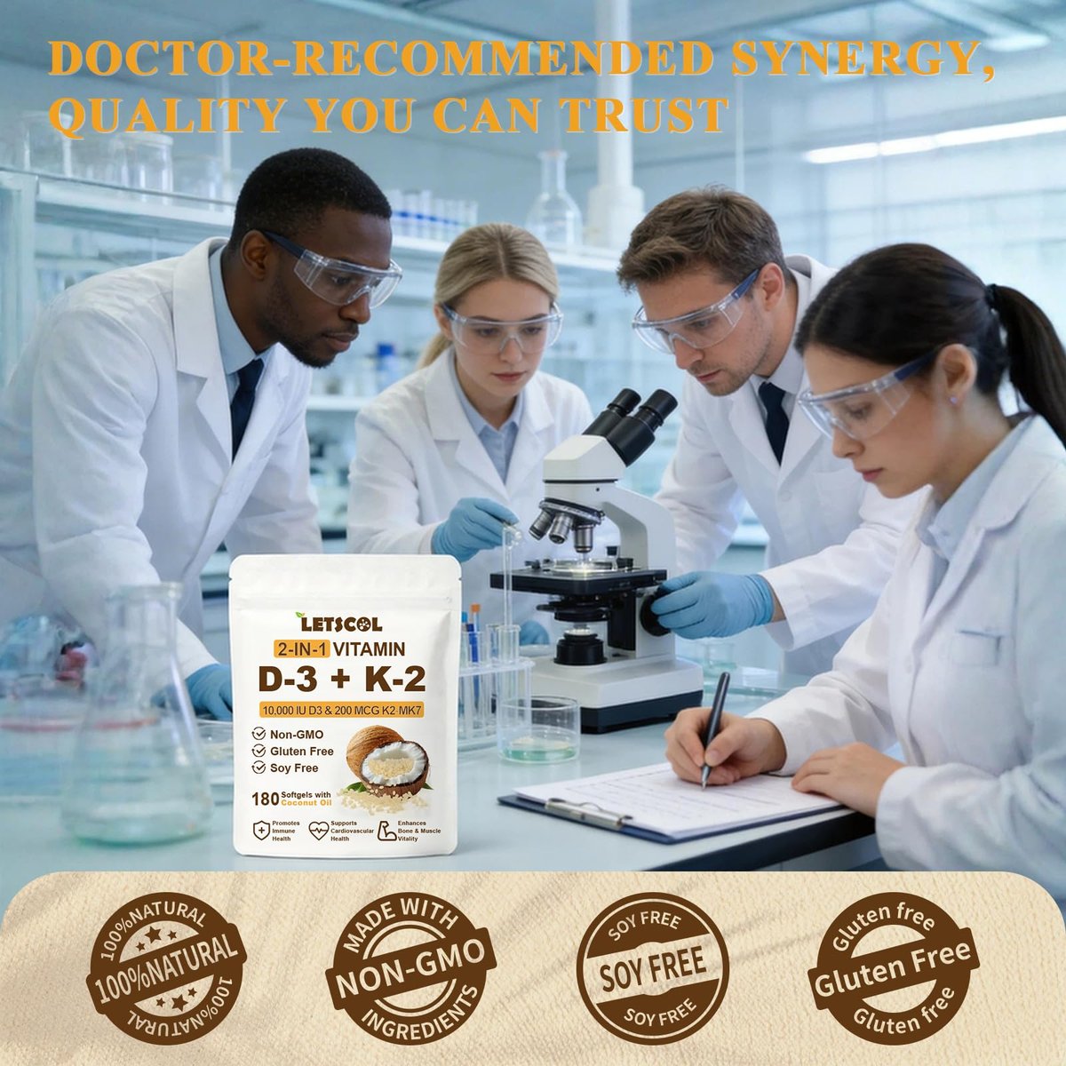 LETSCOL 2-in-1 Vitamin D3 K2 Supplement Weichkapseln, Vitamin D3 10000 IE und Vitamin K2 200 mcg, K2 MK7 mit D3 Vitamin zur Unterstützung von Immunsystem, Herz, Gelenken, Zähnen und Knochengesundheit - 180 Kapseln
