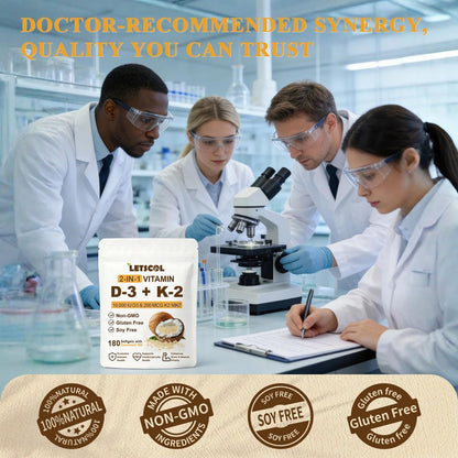 LETSCOL 2-in-1 Vitamin D3 K2 Supplement Weichkapseln, Vitamin D3 10000 IE und Vitamin K2 200 mcg, K2 MK7 mit D3 Vitamin zur Unterstützung von Immunsystem, Herz, Gelenken, Zähnen und Knochengesundheit - 180 Kapseln