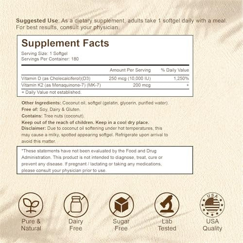 LETSCOL 2-in-1 Vitamin D3 K2 Supplement Weichkapseln, Vitamin D3 10000 IE und Vitamin K2 200 mcg, K2 MK7 mit D3 Vitamin zur Unterstützung von Immunsystem, Herz, Gelenken, Zähnen und Knochengesundheit - 180 Kapseln