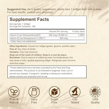 LETSCOL 2-in-1 Vitamin D3 K2 Supplement Weichkapseln, Vitamin D3 10000 IE und Vitamin K2 200 mcg, K2 MK7 mit D3 Vitamin zur Unterstützung von Immunsystem, Herz, Gelenken, Zähnen und Knochengesundheit - 180 Kapseln