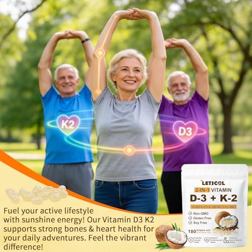 LETSCOL 2-in-1 Vitamin D3 K2 Supplement Weichkapseln, Vitamin D3 10000 IE und Vitamin K2 200 mcg, K2 MK7 mit D3 Vitamin zur Unterstützung von Immunsystem, Herz, Gelenken, Zähnen und Knochengesundheit - 180 Kapseln