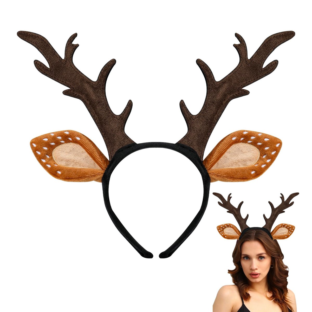 woxafo Geweih Stirnband, Hirschkostüm für Frauen Erwachsene, Niedliches Rentierhorn Ohren Kostümzubehör für Halloween Weihnachten Cosplay