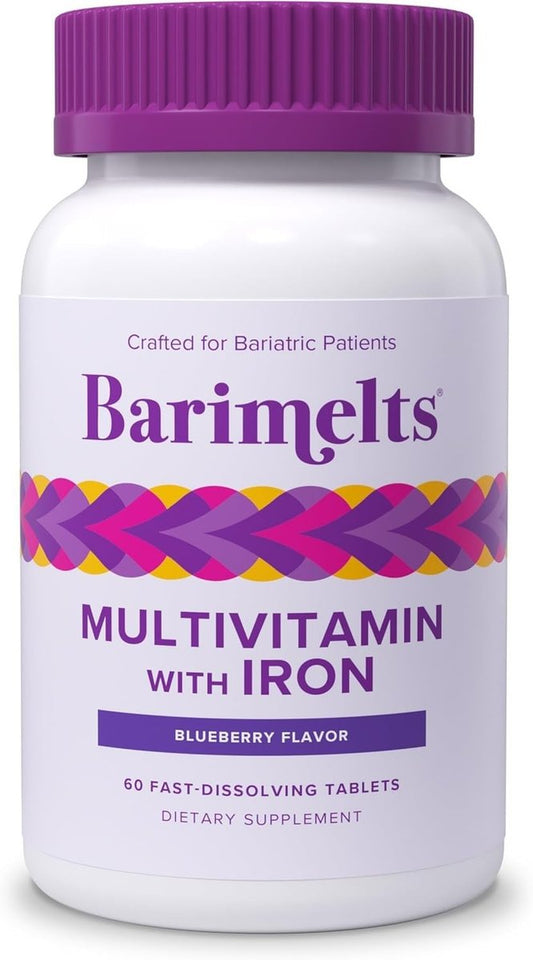 BariMelts Bariatrisches Multivitamin mit Eisen – 1 Monatsvorrat (60 schnell lösliche Tabletten) – Zuckerfrei – Post-OP Bariatrische Vitamine – Natürlicher Blaubeergeschmack