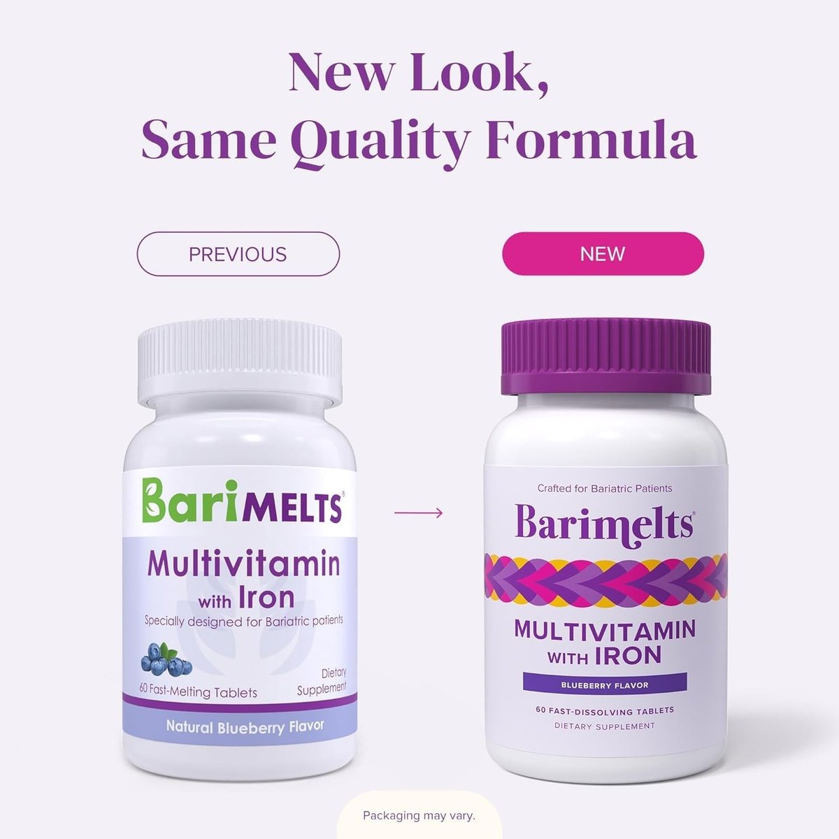 BariMelts Bariatrisches Multivitamin mit Eisen – 1 Monatsvorrat (60 schnell lösliche Tabletten) – Zuckerfrei – Post-OP Bariatrische Vitamine – Natürlicher Blaubeergeschmack