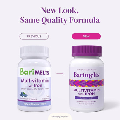 BariMelts Bariatrisches Multivitamin mit Eisen – 1 Monatsvorrat (60 schnell lösliche Tabletten) – Zuckerfrei – Post-OP Bariatrische Vitamine – Natürlicher Blaubeergeschmack